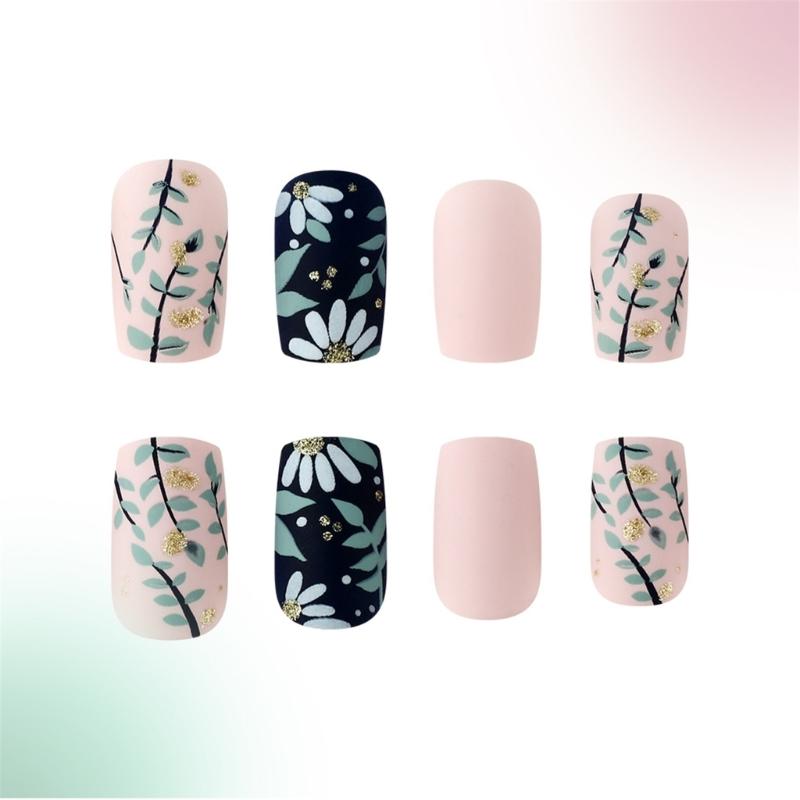 24 Pcs Autumn Winter Press On Nails Square Artificial Nails Glittering Full Cover Stick on Nails Petals False Nails