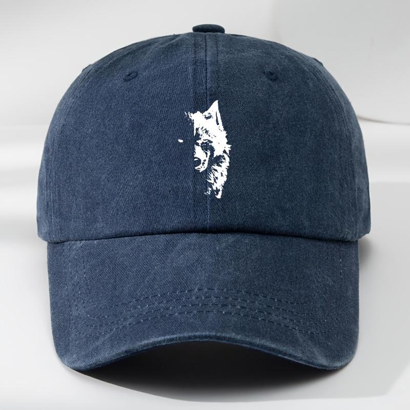 Verstellbare schwarze Baseballkappe für Herren mit weißem Wolfskopf-Silhouetten-Print  Lässige Outdoor-Sportkappe Polyester