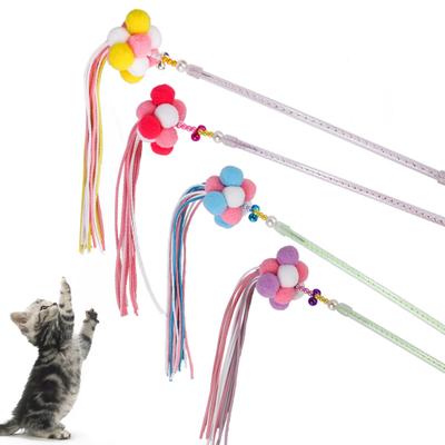 Pet Cats Kitten Pompom Plush Ball Bell Tassel Teaser Wand Stick Play Bite Toy