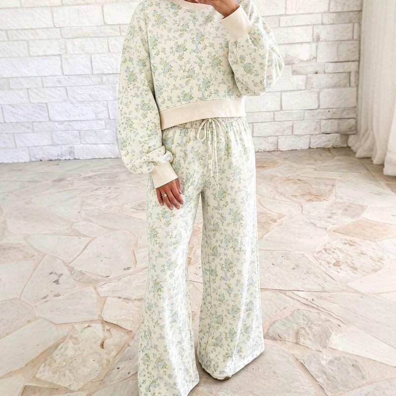 Womens Floral Print Casual 2-Piece Set With Drawstring Waist Long Sleeve Top Straight Leg Pants Loose Fit Winter