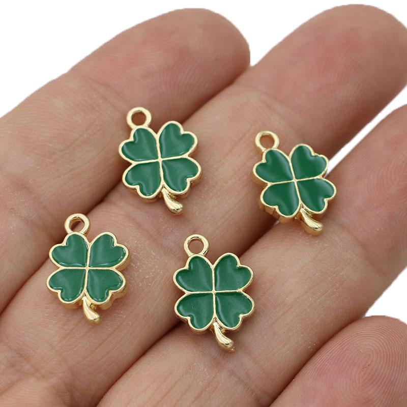 10pcs Gold Plated Green Lucky Enamel Clover Flower Charm for Jewelry Making Necklace Handmade Bracelet Accessories DIY