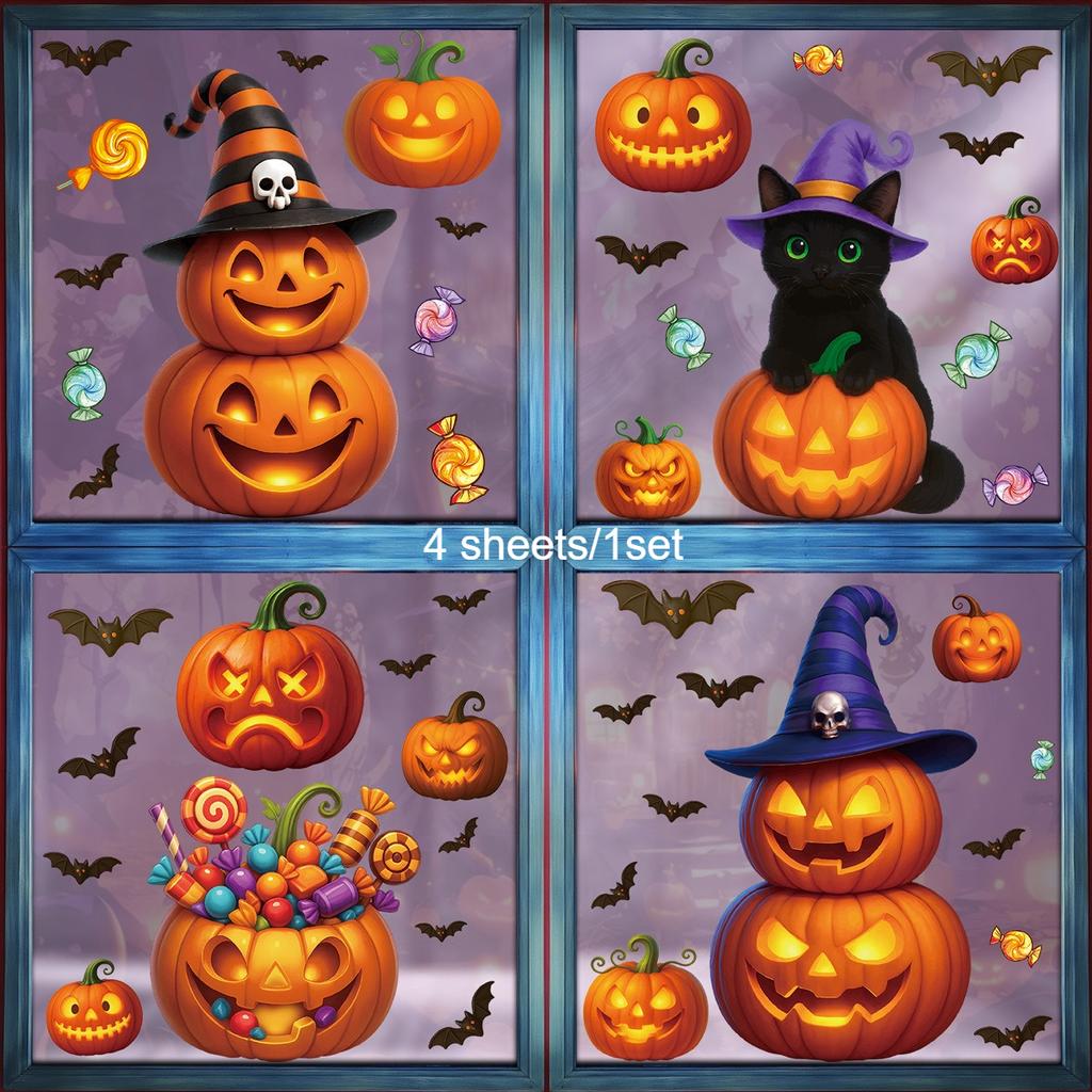Halloween pumpkin glass stickers, exquisite holiday party decoration arrangement candy pumpkin lantern black cat window stickers