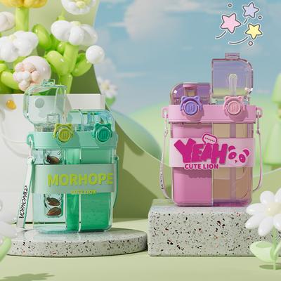 760ML Water Bottle with Straw Strap Dual Chamber Water Cup for Girls Portable Leakproof
