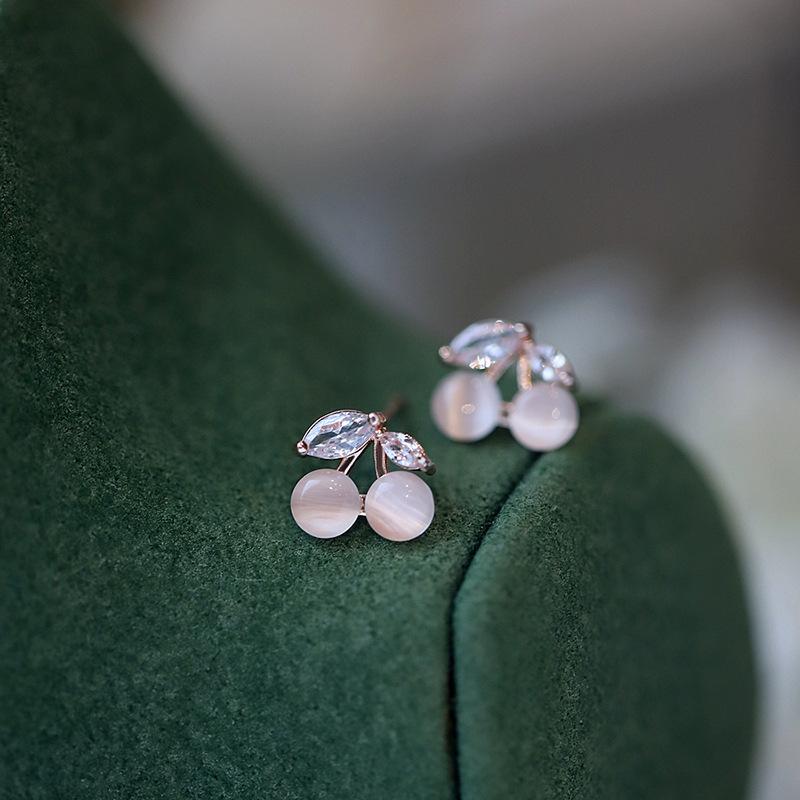 Cherry Stud Earrings Women's Simple Niche Design Sense Pink Opal Fruit Earrings Summer