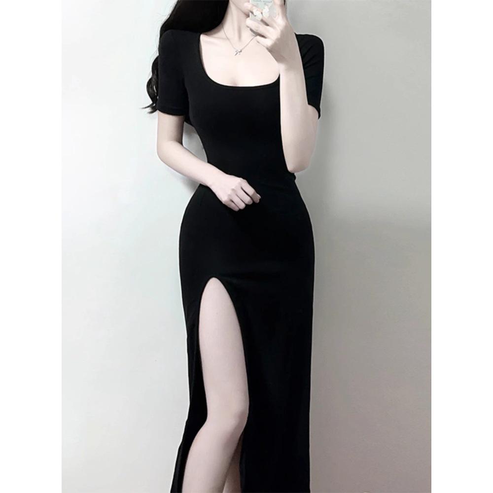 

Элегантное летнее черное облегающее платье с французским разрезом для женщин S