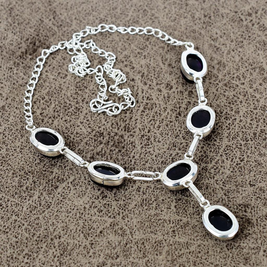 Black Onyx Gemstone Handmade 925 Sterling Silver Jewelry Necklace 18" KKG-409