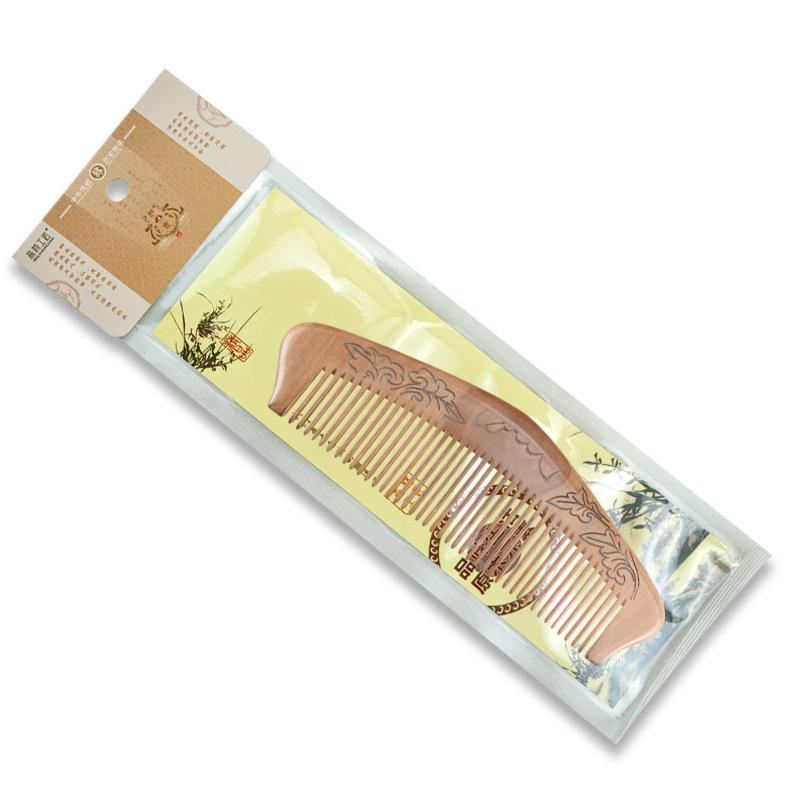 Peach Wood Carved Comb with Fine and Medium Teeth - Handleless, Floral Design