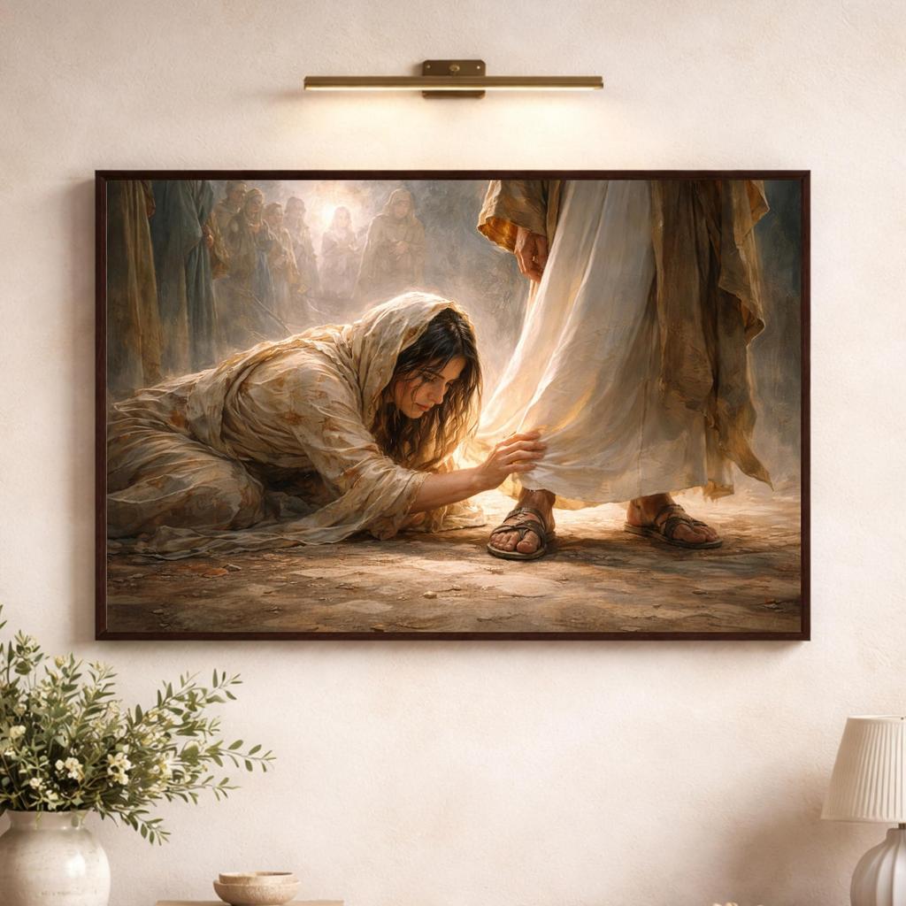 Woman Healed by Faith Christian Wall Art Touching the Hem of Jesus’ Garment Canvas, Farmhouse Scripture Artwork, Peaceful Bible Story Art