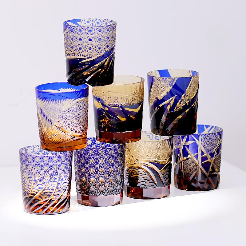 Handicraft Cut Amber Blue Colored Glass Whisky Glasses Tumbler Japanese Edo Kiriko Technique Glass Artwork Drinkware 260Ml