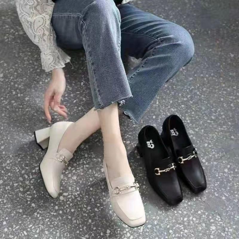 2026 spring and autumn soft leather women's thick heel buckle small leather shoes medium heel fashion versatile comfortable single shoes women