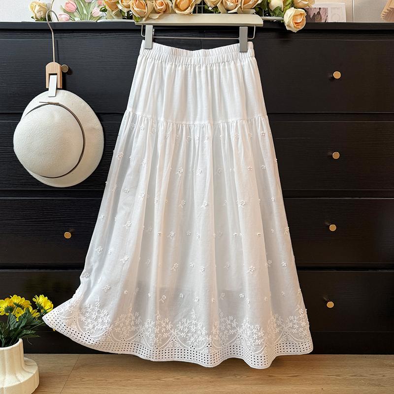 DIMANAF 2025 Summer Women New Skirts Flower Vintage Elastic Pleated Elegant White Skirts Lace High Waist