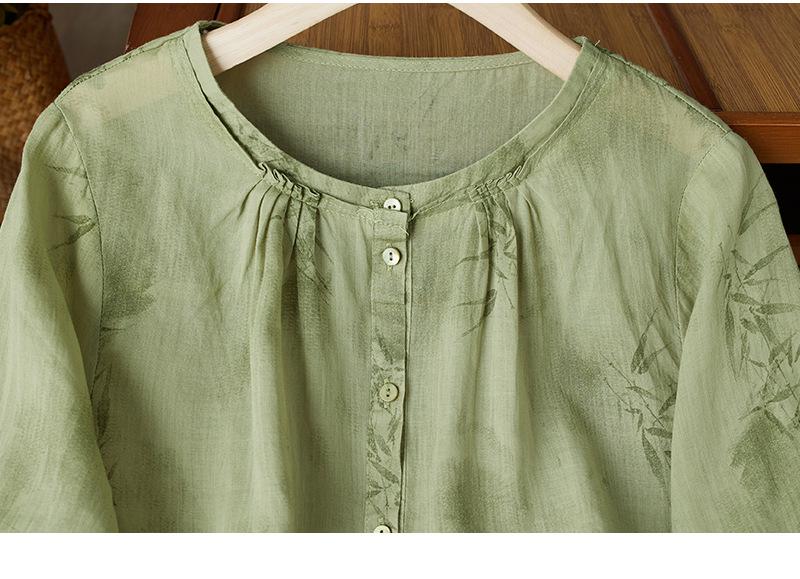 3365 Women's Lightweight Ink Bamboo Print Summer Ramie Top - Breathable & Unique Style