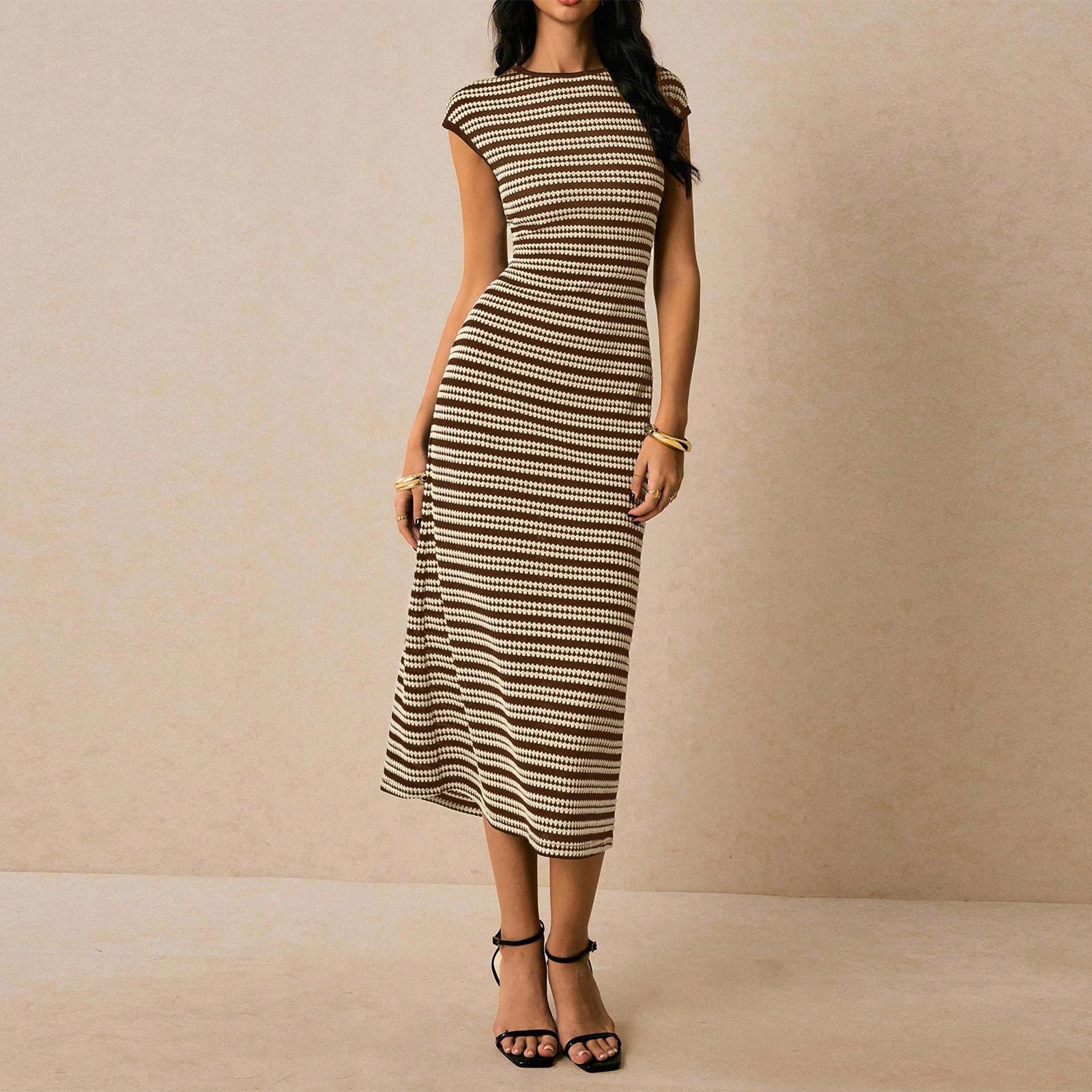 

Women s Fashionable Casual Color Blocked Striped Waist Cinched Round Neck Short Sleeved Long Dress M коричневий