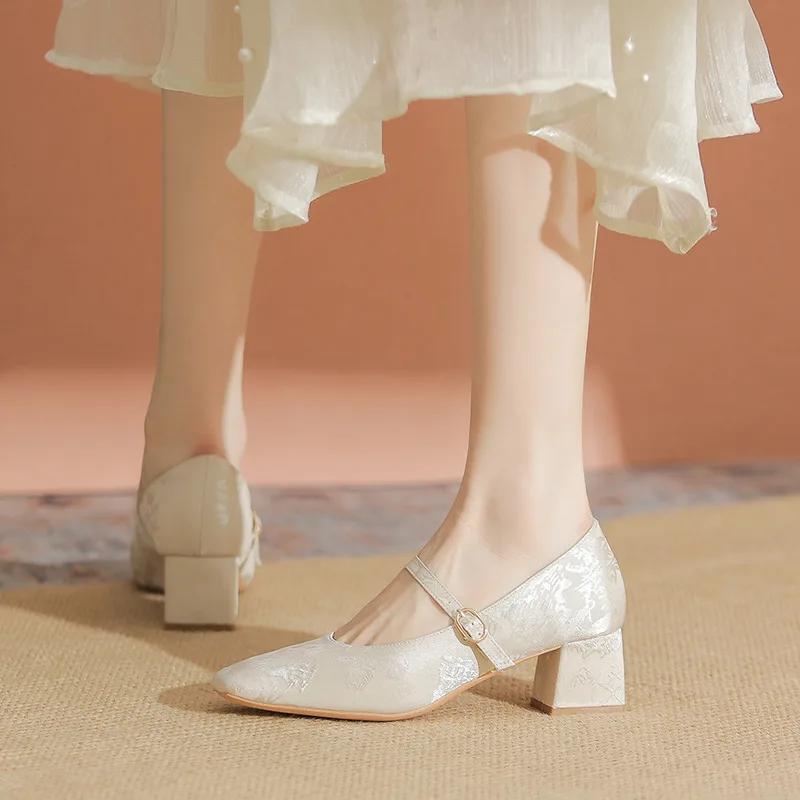 Spring Women High Heels Square Toe Mary Jane Pumps Summer Satin Party Wedding Ladies Solid Elegant Heels Zapatos Mujer