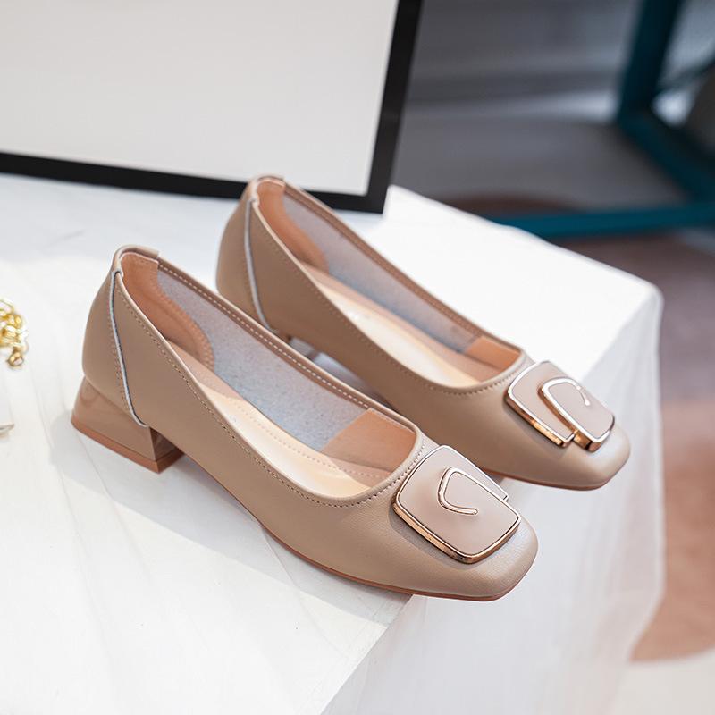 Fashion Elegant Ladies Office Dress Shoes Cow Leather Pumps Woman Medium High Heel Mary Janes Metal Button Loafers Femme Square Toe Shoe