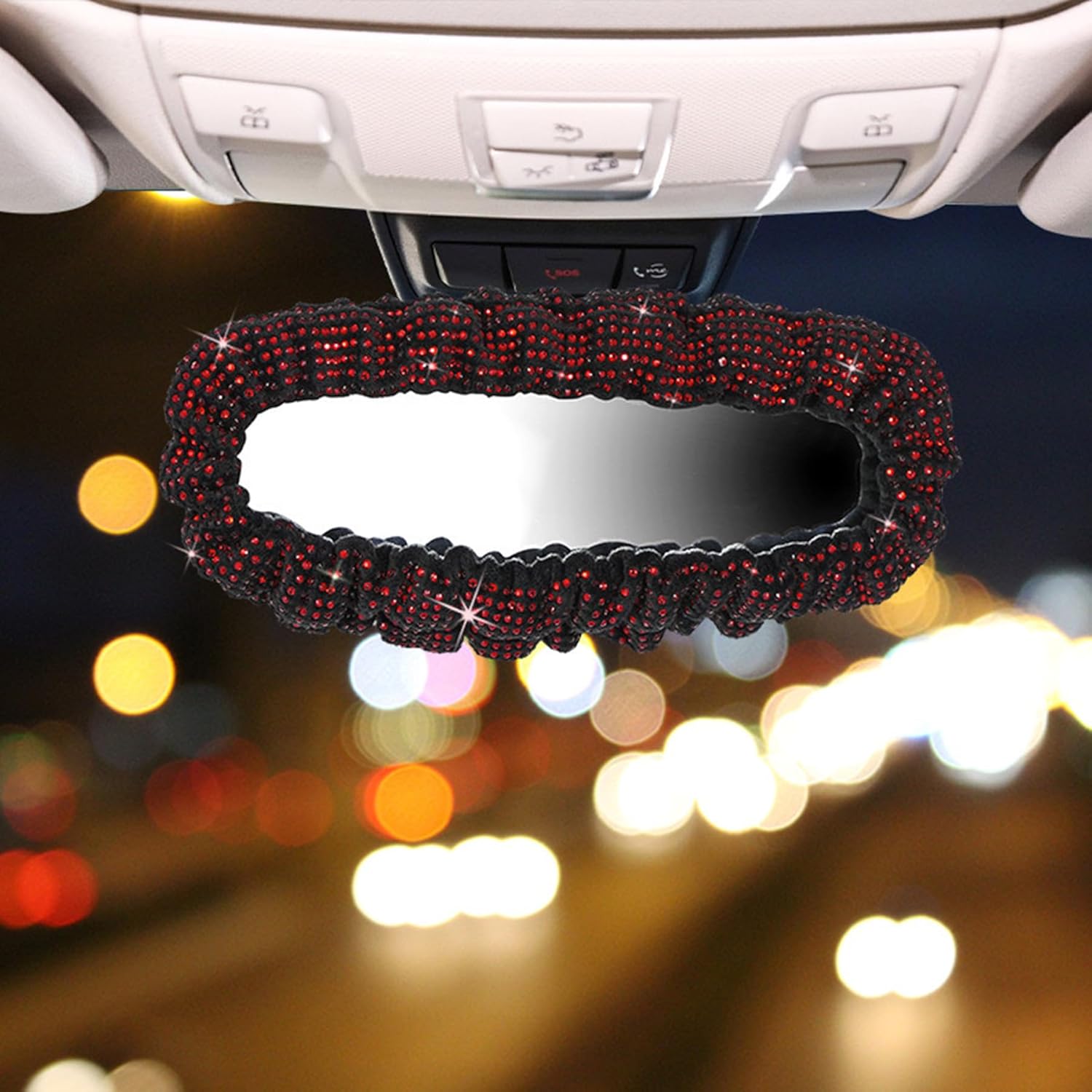 

Bling Car Rearview Mirror Cover with Crystal Rhinestones Women s Full Drill Head Pillow Cover Interior Accessories - Universal Fit, White красный