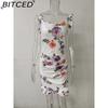 BITCED Summer Women Floral Print Butterfly Sleeve Bodycon Dress Ruffle V Neck Bandage Casual Short Sundress Female Beach Spaghetti Strap Mini Dress