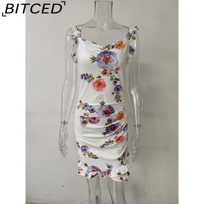 BITCED Summer Women Floral Print Butterfly Sleeve Bodycon Dress Ruffle V Neck Bandage Casual Short Sundress Female Beach Spaghetti Strap Mini Dress