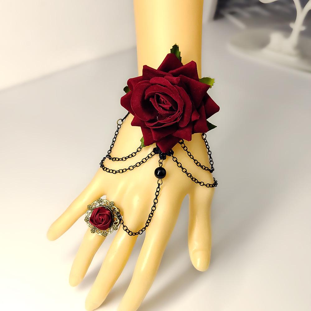 Vintage Gothic Red Lace Wrist Gloves with Rose Detail - Lolita Hand Jewelry, Free Shipping for Halloween