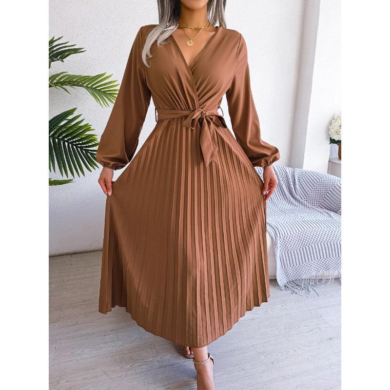 VEZFAA Women's Fashion Summer Spring Solid Color Print Long Sleeve V-Neck High Waist Casual Dresses