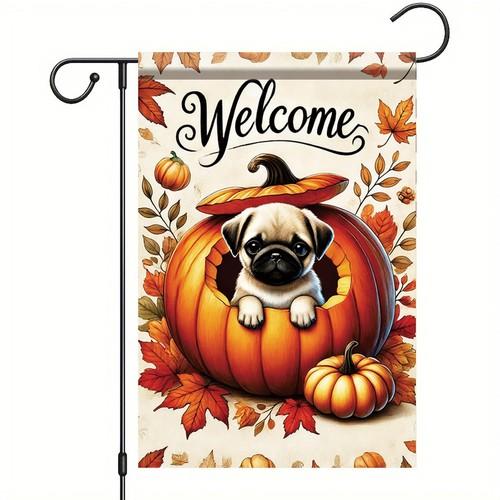 Fall Garden ag Pug Dog in Pumpkin Yard Banner 12x18 Inch Double-Sided Cute Pup