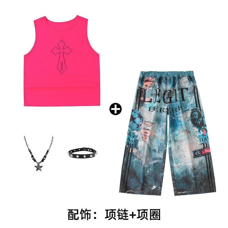 Kids Hip Hop Dance Outfit Set Boys Girls - Sleeveless Pink Top Navy Blue Pants With Accessories