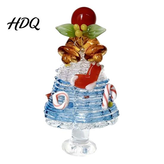Small Christmas Ornament for Desk Glazed Tree Figurine Colorful Miniature Xmas Decor Handcrafted Glass Craft Display Table Centerpiece Home