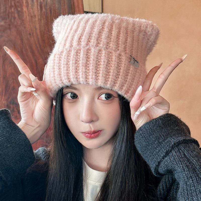 Contrasting Colors Cute Cat Ears Wool Hat Women'S Season Cold Protection Ear Protection Headgear Showing Face Small Pullover Knitted Hat