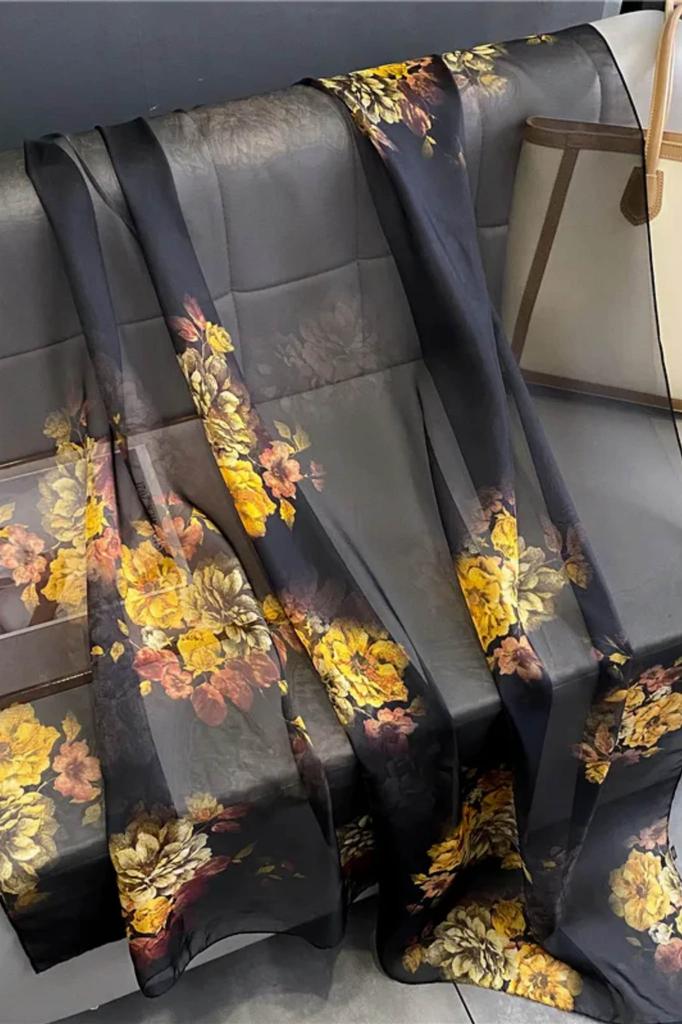 Black Scarf with Flowers in Autumn Colors - Light and Elegant