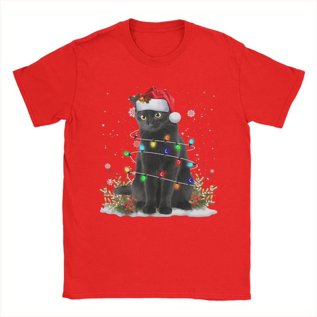 Men's Black Cat Christmas Santa Hat Funny Meowy Cats T-Shirts Clothing Beach Short-Sleeve T-Shirt O Neck Harajuku Tee Shirt