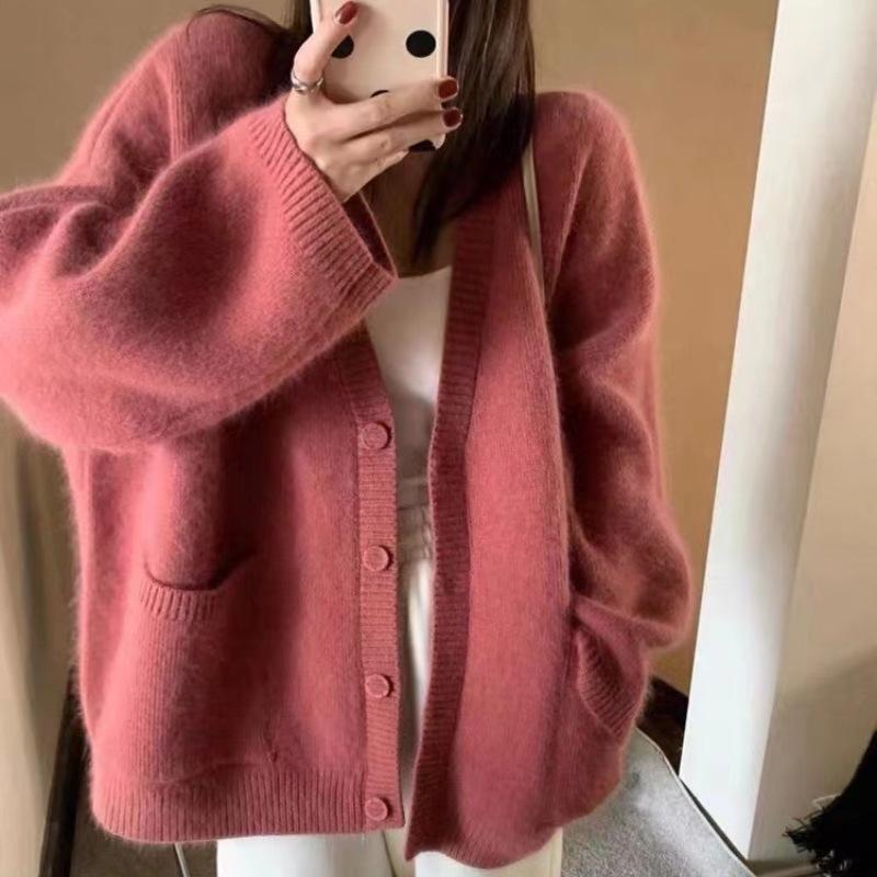 Autumn and Winter Women's Sweater Solid Color Lazy Wind Loose Knit Long-sleeved Cardigan Jacket