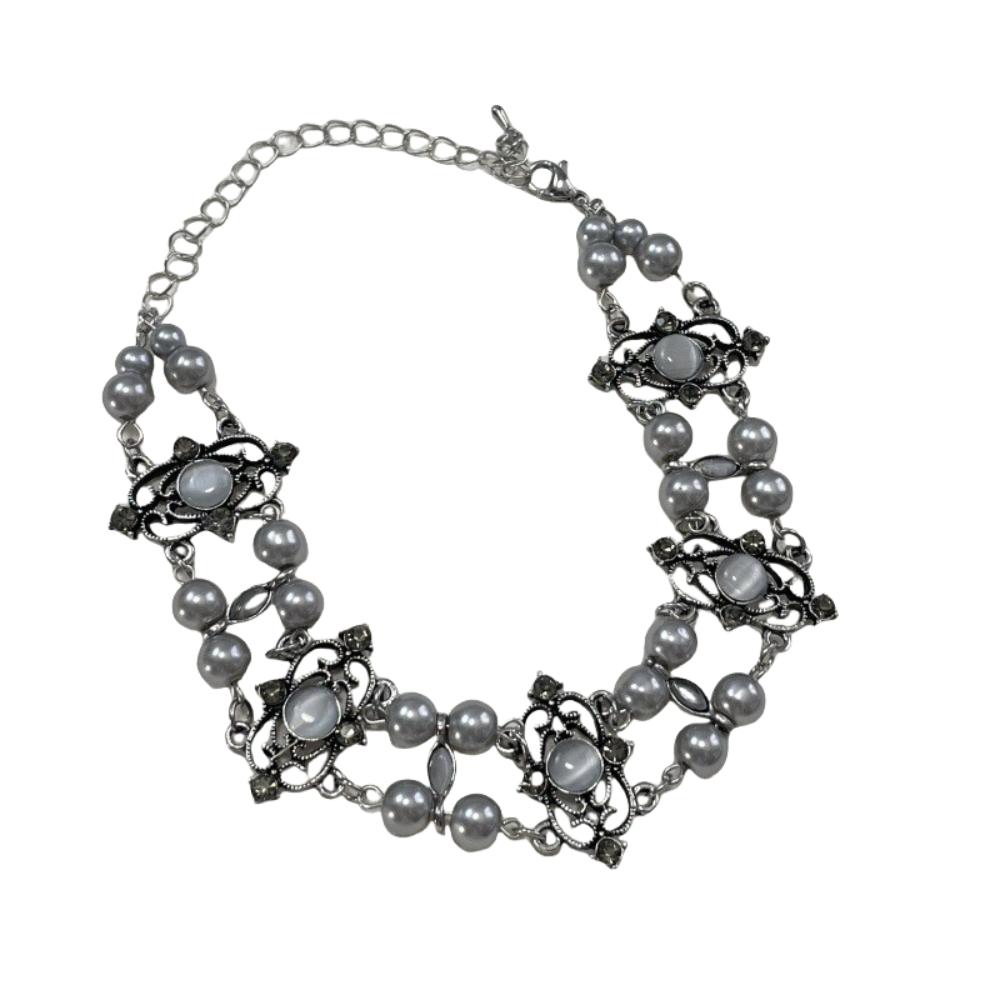 

Sweet Double Layer Necklace Hollow Pearl Metal Necklace Fashion Women Collarbone Chain Unisex серый