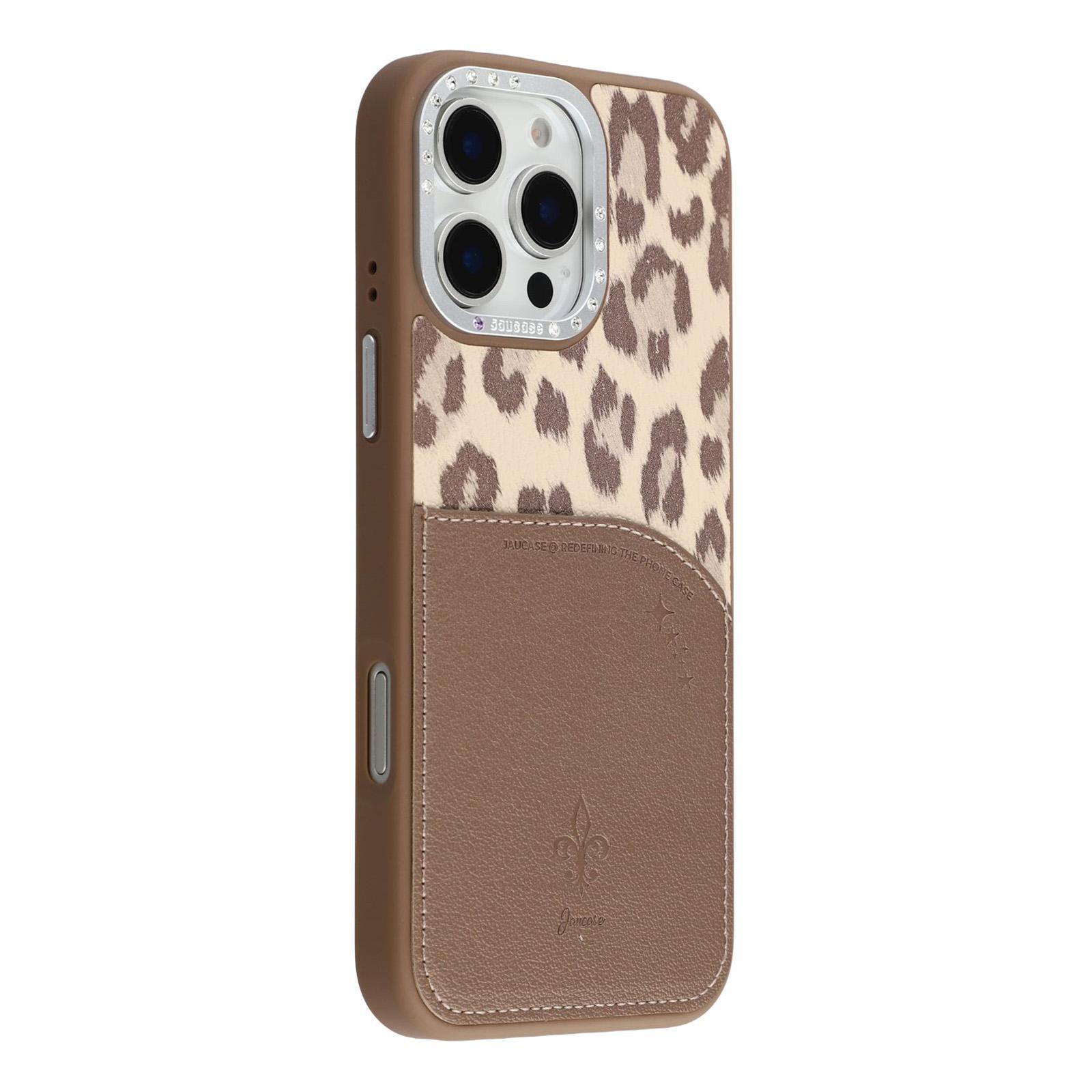 

JAUCASE For iPhone 16 Pro Magnetic Case Leopard Print Card Holder PU TPU PC Phone Back Cover Brown