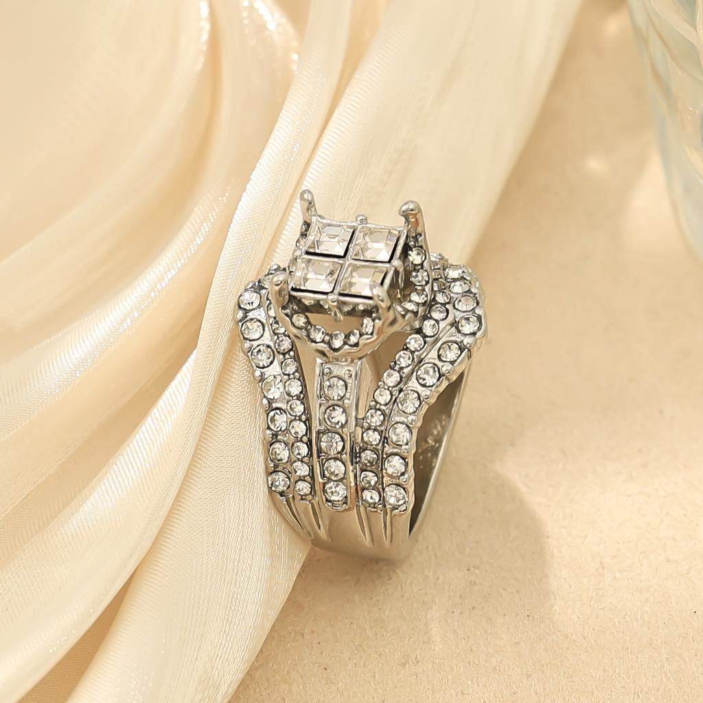 Zircon simulation ring double-layer two-in-one super flash ring women's square splicing crown ring