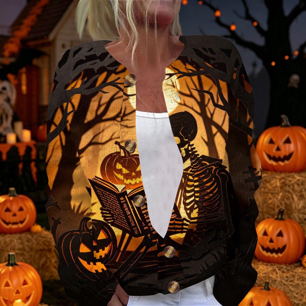 Womens Halloween Print Long Sleeve Knit Cardigan Button Up Sweater Coat Lightweight Casual Outerwear for Fall and Winter