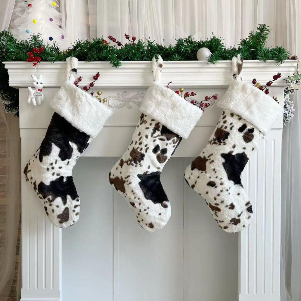 Home Decor Xmas Gift Bag Polyester Stockings Storage Bags New Cow Print Christmas Stockings  Home