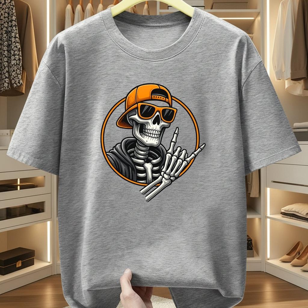 Cool Skate Skeleton With Orange Cap Sunglasses Peace Hand Graphic Tshirt Hip Hop Streetwear Unisex White Cotton Tee