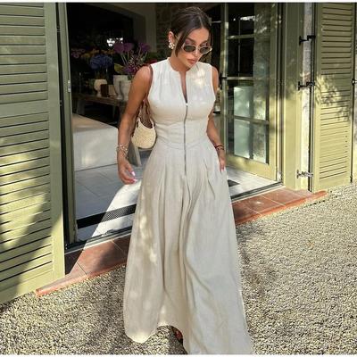 Sleeveless Spliced Zipper Maxi Dress Women Elegant High Waist Slim Pleated Long Dresses Office Lady Street Robes Female