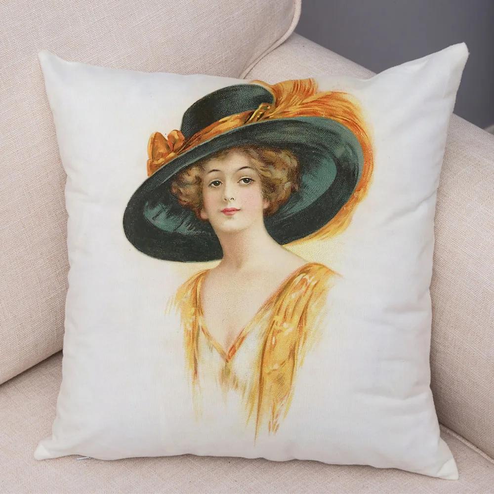 European Lady Cushion Cover Decor Vintage Style Elegant Women Print Pillowcase for Sofa Home Car Soft Plush Pillow Case 45x45cm