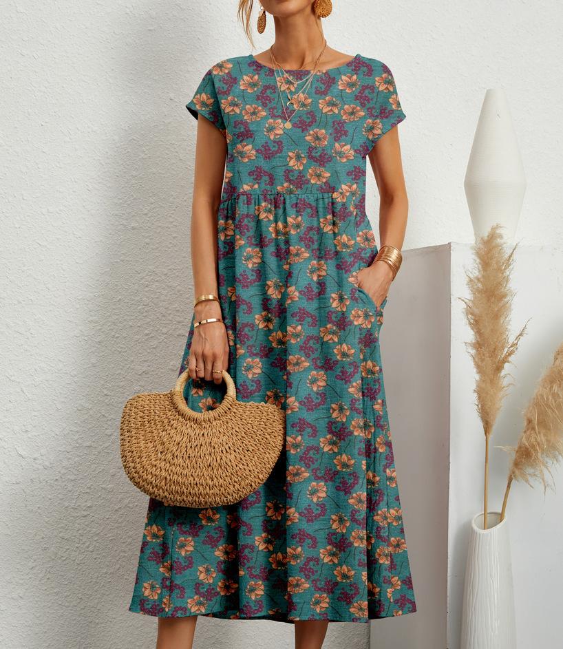 Damenkleid Rundhalsausschnitt Bedruckt Kurzärmelig A-Linie Maxi-Rock Einzigartige Blumenmuster Lange Kleider