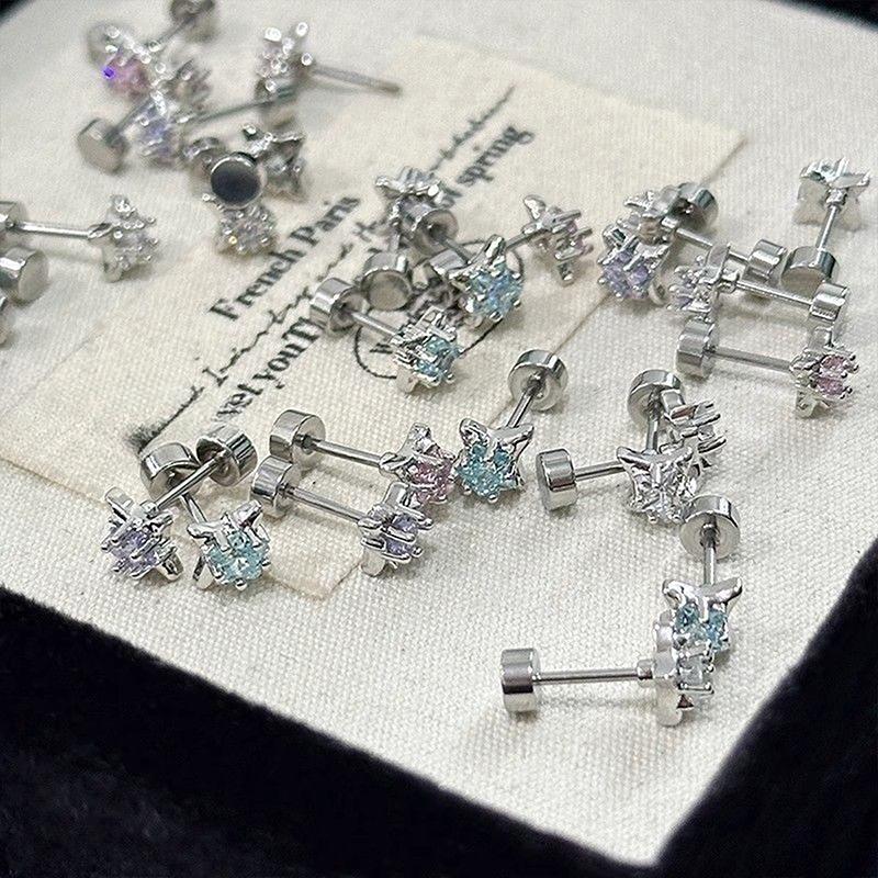 4Pcs Vintage Crystal Zircon Wing Earrings Stud Women Luxury Shiny Angel Wings Cross Silver Color Earrings Studs Couples