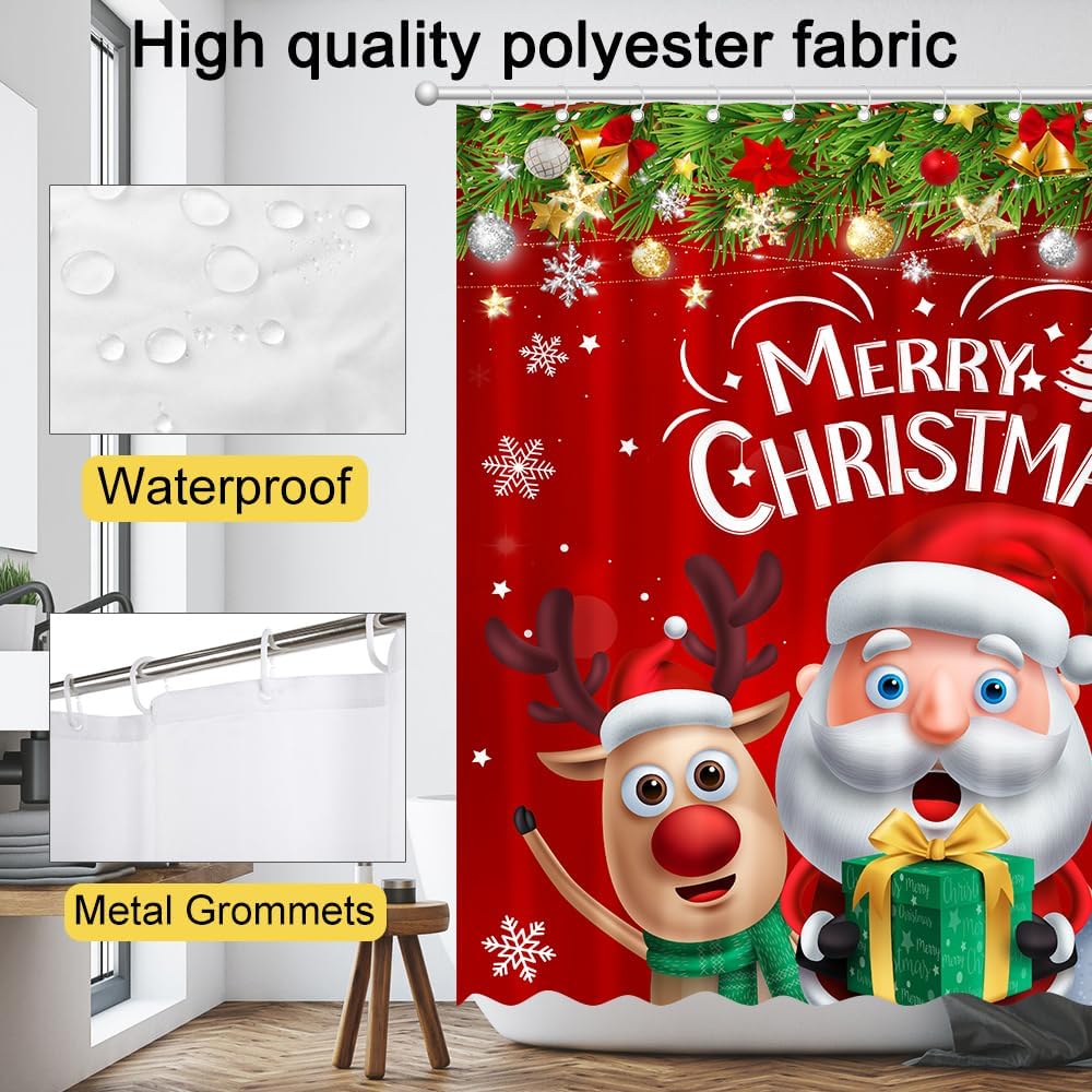 Merry Christmas Shower Curtain Santa Claus Snowman Reindeer Home Bathroom Decorations Xmas Gift Box Bathtub Curtain Set With