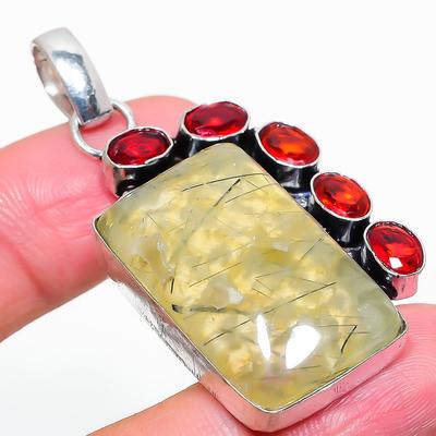 Natural Prehnite, Garnet Gemstone 925 Sterling Silver Gift Pendant 2.21" z5C65
