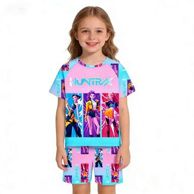 New T-shirt Set for Girls Summer Clothing with Printed Design, Cartoon Fashion, Comfortable Children s Set 100