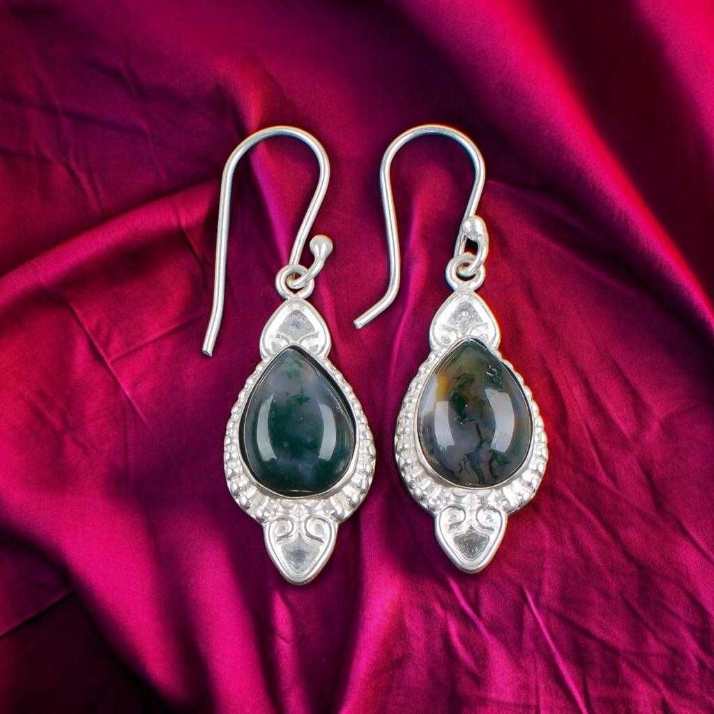 Natural Moss Agate Gemstone 925 Stamped Silver Handmade Partywear Earrings 1.80" EE-42-28