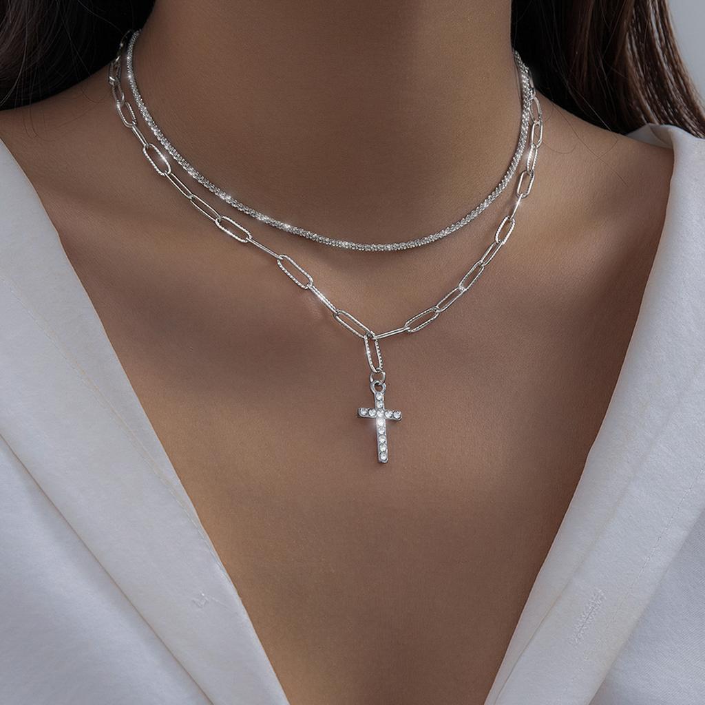 Wind Sparkling Chain Clavicle Necklace Women'S, Simple Diamond Cross Double Necklace