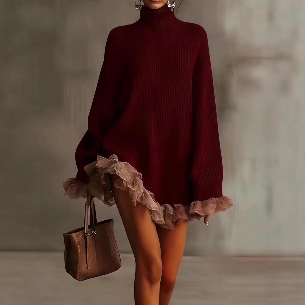 2026 Damen Europäisches & Amerikanisches Gestricktes High-Neck Patchwork Rüschen Langarm Top