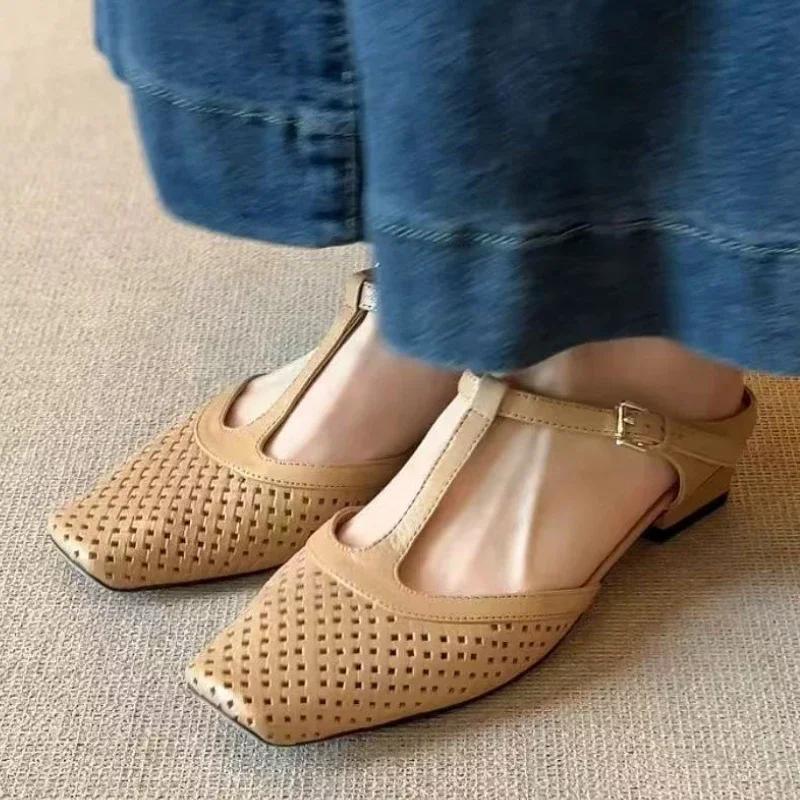 

Женские шлепанцы на среднем каблуке, туфли-мюли с квадратным носком, босоножки на каблуке 2025, слинги, вьетнамки, новые туфли-лодочки, платье, женская обувь 35 абрикосовый