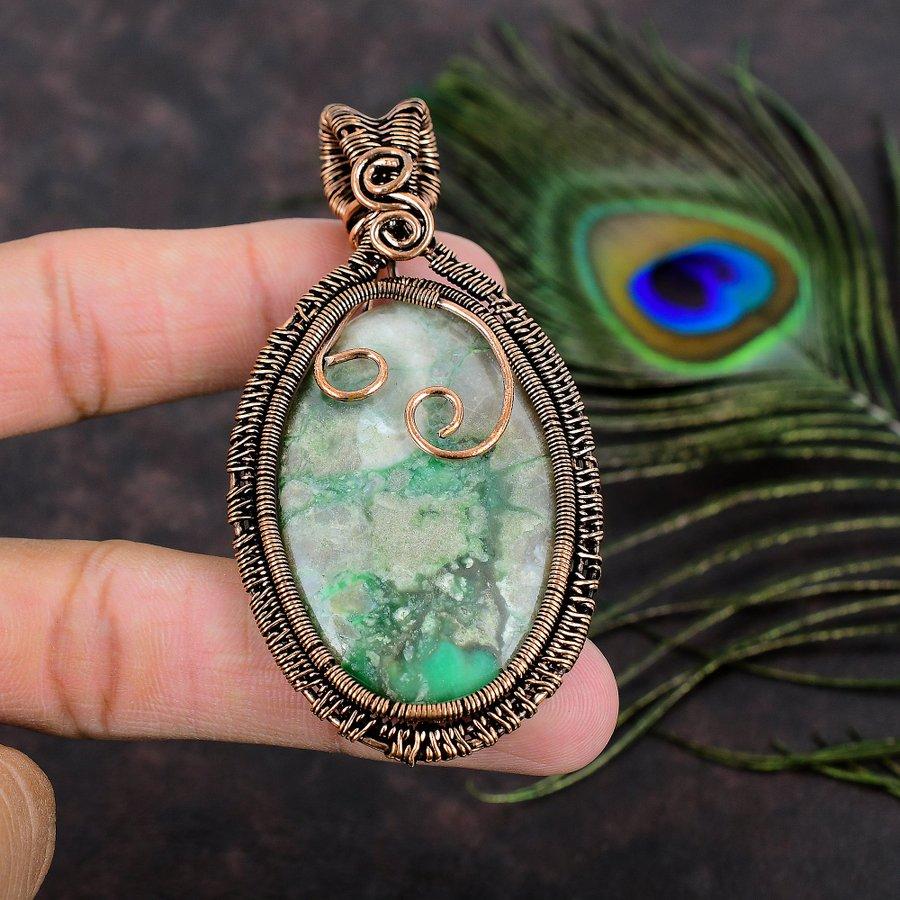 Natural Variscite Gemstone Handmade Copper Wire Wrap Gift Pendant 3.15 M5R51