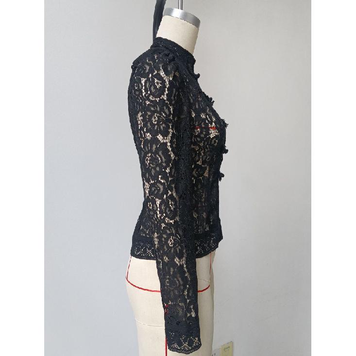 Nová krajková háčkovaná květinová dámská košile Módní dojíždění Dlouhý rukáv Kardigan Top Retro Slim Stojáček Dámské halenky